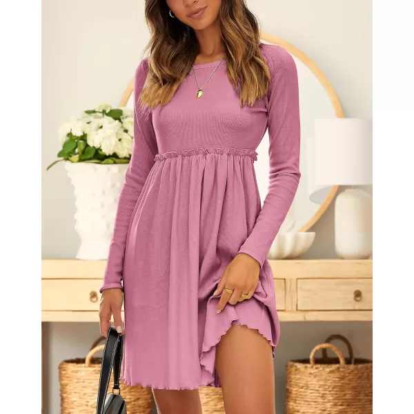 BTFBM Women 2024 Casual Button Down Summer Fall Dresses Long Sleeve Crew Neck Solid High Waist Short Tunic Mini DressLong Sleeve Pink