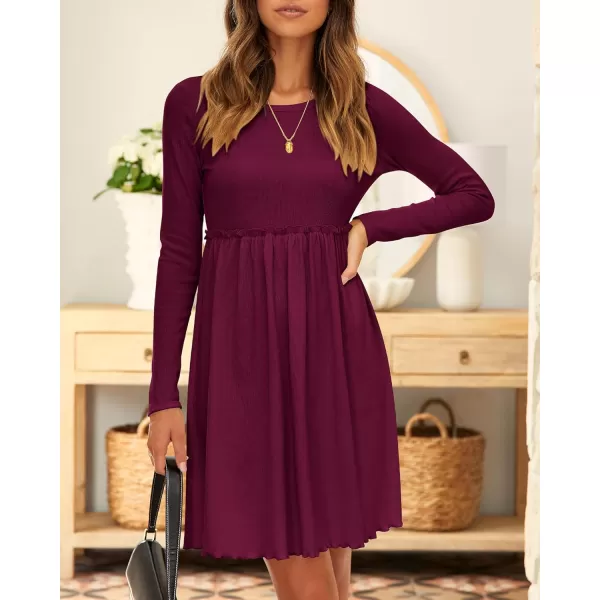 BTFBM Women 2024 Casual Button Down Summer Fall Dresses Long Sleeve Crew Neck Solid High Waist Short Tunic Mini DressLong Sleeve Purple Red