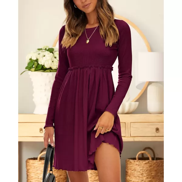BTFBM Women 2024 Casual Button Down Summer Fall Dresses Long Sleeve Crew Neck Solid High Waist Short Tunic Mini DressLong Sleeve Purple Red