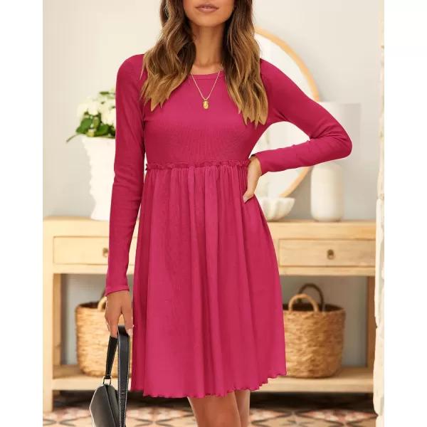 BTFBM Women 2024 Casual Button Down Summer Fall Dresses Long Sleeve Crew Neck Solid High Waist Short Tunic Mini DressLong Sleeve Rose Red