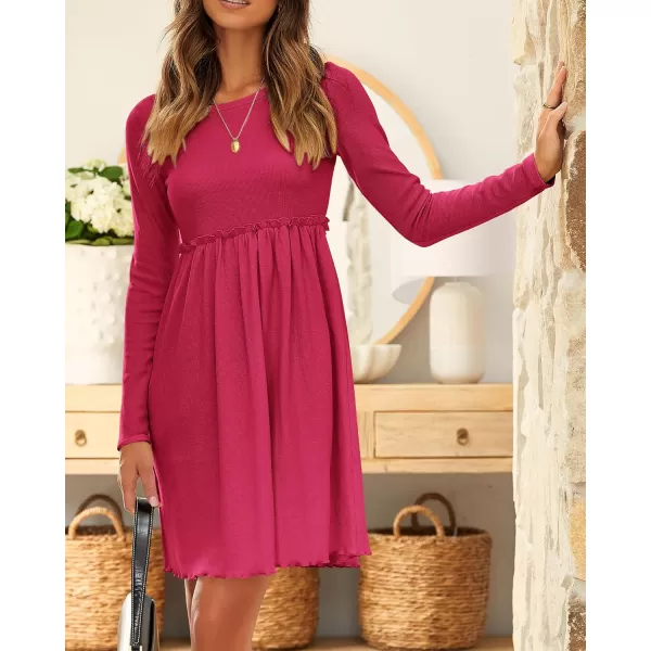 BTFBM Women 2024 Casual Button Down Summer Fall Dresses Long Sleeve Crew Neck Solid High Waist Short Tunic Mini DressLong Sleeve Rose Red