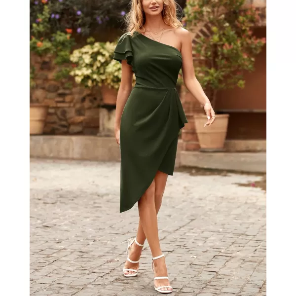 BTFBM Women 2024 Summer Fashion Elegant One Shoulder Cocktail Dress Ruffle Sleeve Wrap Ruched Bodycon Short Party DressesSolid Army Green