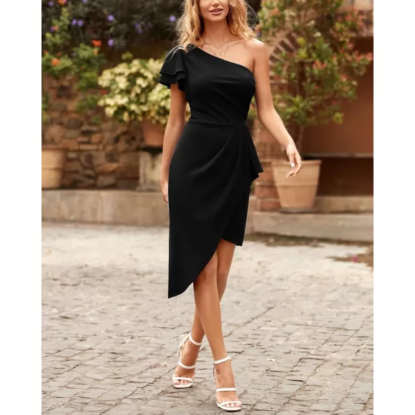 BTFBM Women 2024 Summer Fashion Elegant One Shoulder Cocktail Dress Ruffle Sleeve Wrap Ruched Bodycon Short Party DressesSolid Black
