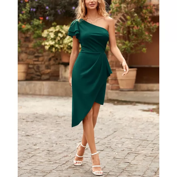 BTFBM Women 2024 Summer Fashion Elegant One Shoulder Cocktail Dress Ruffle Sleeve Wrap Ruched Bodycon Short Party DressesSolid Dark Green
