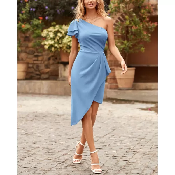 BTFBM Women 2024 Summer Fashion Elegant One Shoulder Cocktail Dress Ruffle Sleeve Wrap Ruched Bodycon Short Party DressesSolid Light Blue