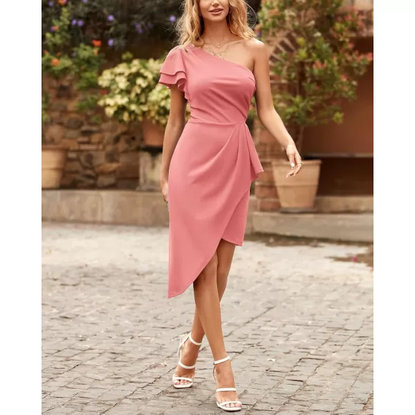 BTFBM Women 2024 Summer Fashion Elegant One Shoulder Cocktail Dress Ruffle Sleeve Wrap Ruched Bodycon Short Party DressesSolid Light Pink