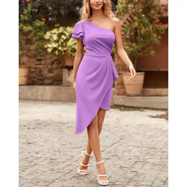 BTFBM Women 2024 Summer Fashion Elegant One Shoulder Cocktail Dress Ruffle Sleeve Wrap Ruched Bodycon Short Party DressesSolid Light Purple