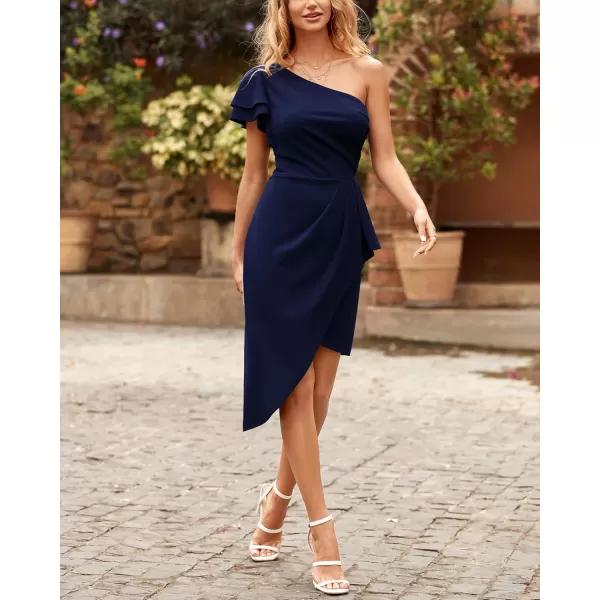 BTFBM Women 2024 Summer Fashion Elegant One Shoulder Cocktail Dress Ruffle Sleeve Wrap Ruched Bodycon Short Party DressesSolid Navy