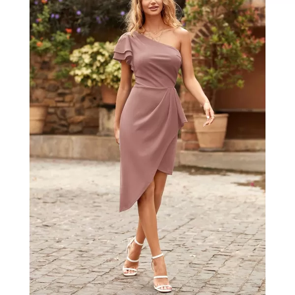 BTFBM Women 2024 Summer Fashion Elegant One Shoulder Cocktail Dress Ruffle Sleeve Wrap Ruched Bodycon Short Party DressesSolid Pink