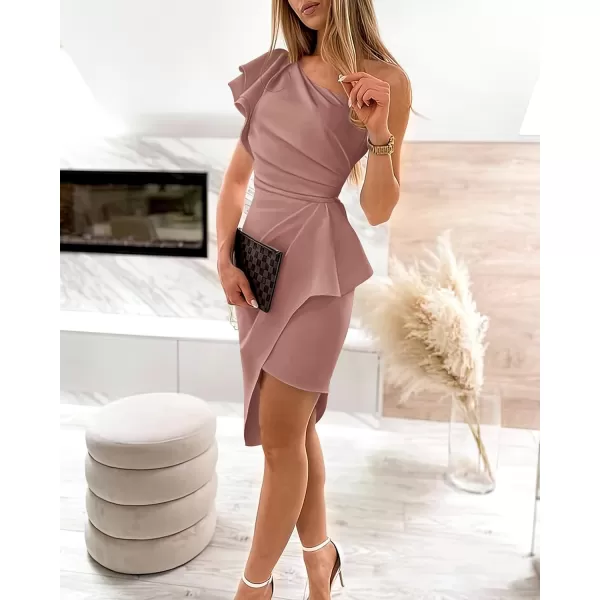 BTFBM Women 2024 Summer Fashion Elegant One Shoulder Cocktail Dress Ruffle Sleeve Wrap Ruched Bodycon Short Party DressesSolid Pink