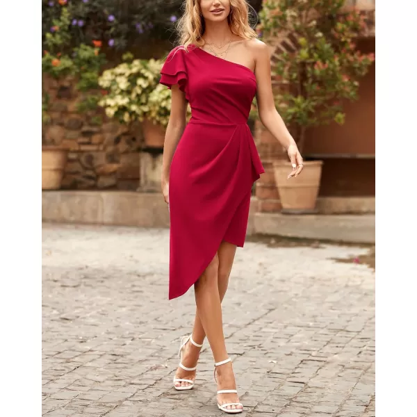 BTFBM Women 2024 Summer Fashion Elegant One Shoulder Cocktail Dress Ruffle Sleeve Wrap Ruched Bodycon Short Party DressesSolid Red