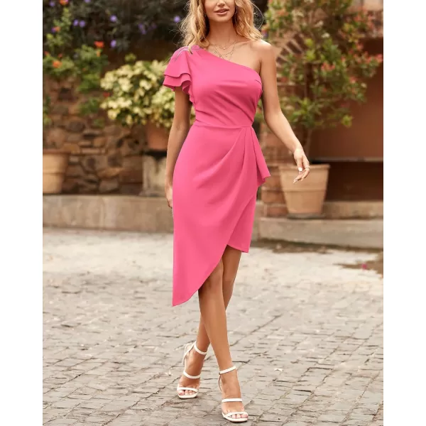 BTFBM Women 2024 Summer Fashion Elegant One Shoulder Cocktail Dress Ruffle Sleeve Wrap Ruched Bodycon Short Party DressesSolid Rose Pink