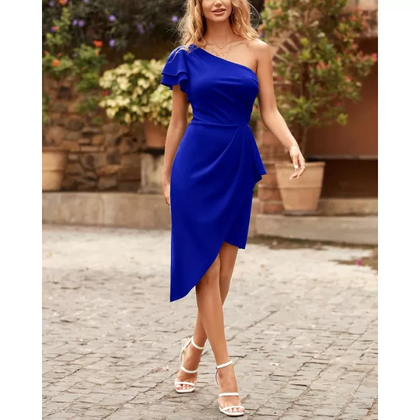 BTFBM Women 2024 Summer Fashion Elegant One Shoulder Cocktail Dress Ruffle Sleeve Wrap Ruched Bodycon Short Party DressesSolid Royal Blue