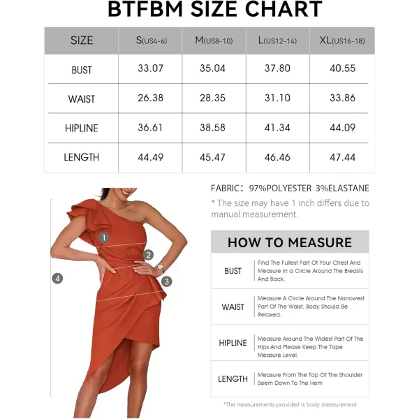 BTFBM Women 2024 Summer Fashion Elegant One Shoulder Cocktail Dress Ruffle Sleeve Wrap Ruched Bodycon Short Party DressesSolid Rust Red