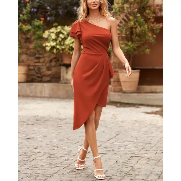 BTFBM Women 2024 Summer Fashion Elegant One Shoulder Cocktail Dress Ruffle Sleeve Wrap Ruched Bodycon Short Party DressesSolid Rust Red
