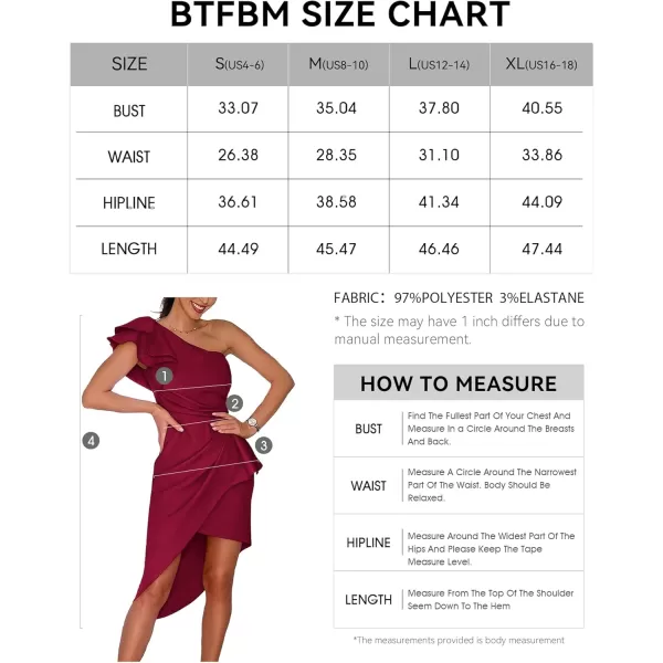 BTFBM Women 2024 Summer Fashion Elegant One Shoulder Cocktail Dress Ruffle Sleeve Wrap Ruched Bodycon Short Party DressesSolid Wine Red