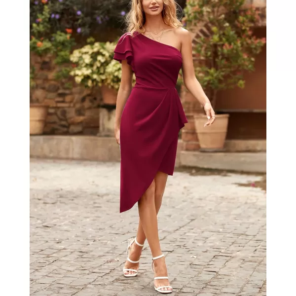 BTFBM Women 2024 Summer Fashion Elegant One Shoulder Cocktail Dress Ruffle Sleeve Wrap Ruched Bodycon Short Party DressesSolid Wine Red