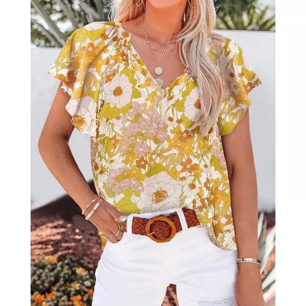 BTFBM Womens Short Sleeve Boho Shirts Spring Summer Resort Outfits Lightweight Chiffon Casual Flowy Beach Blouse TopsShort Floral Yellow