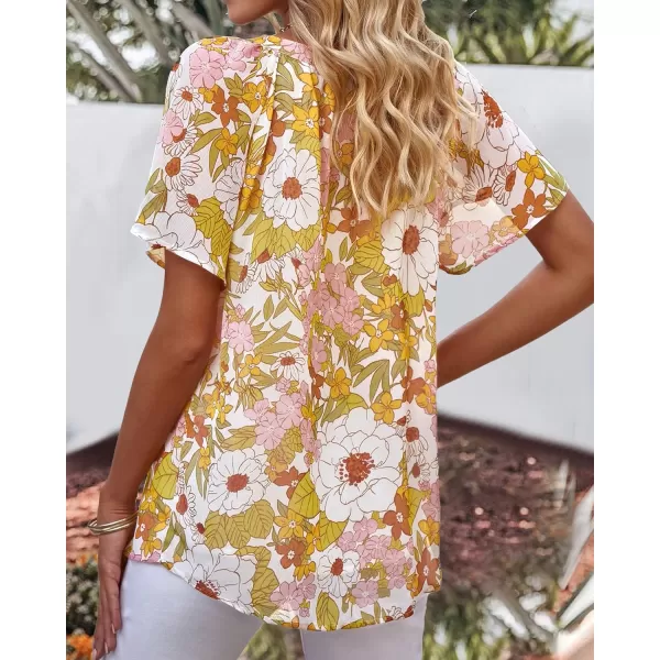 BTFBM Womens Short Sleeve Boho Shirts Spring Summer Resort Outfits Lightweight Chiffon Casual Flowy Beach Blouse TopsShort Floral Yellow