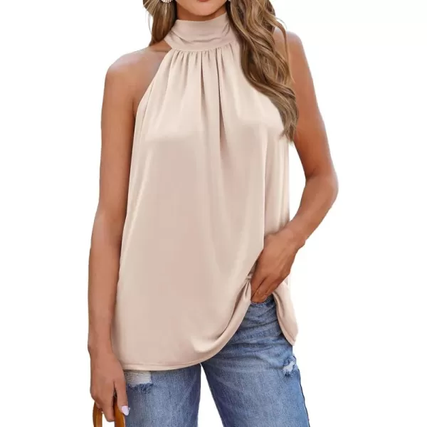 BTFBM 2024 Women Summer Sleeveless Tie Mock Neck Halter Tops Casual Bow Loose Tank Top Lightweight Dressy Blouse ShirtsSolid Apricot