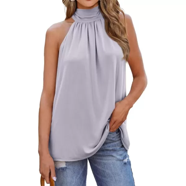 BTFBM 2024 Women Summer Sleeveless Tie Mock Neck Halter Tops Casual Bow Loose Tank Top Lightweight Dressy Blouse ShirtsSolid Grey