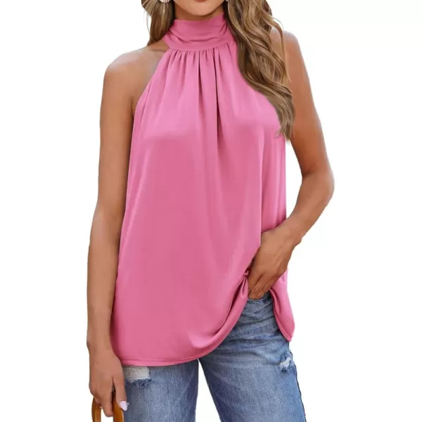 BTFBM 2024 Women Summer Sleeveless Tie Mock Neck Halter Tops Casual Bow Loose Tank Top Lightweight Dressy Blouse ShirtsSolid Pink