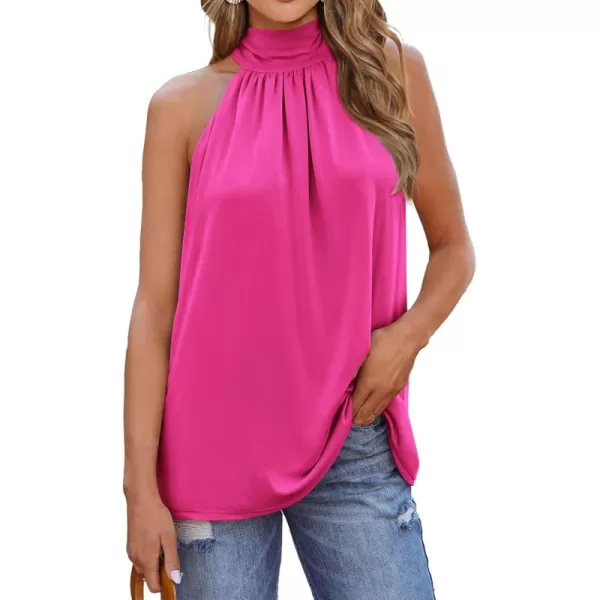 BTFBM 2024 Women Summer Sleeveless Tie Mock Neck Halter Tops Casual Bow Loose Tank Top Lightweight Dressy Blouse ShirtsSolid Rose Pink
