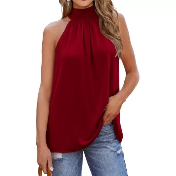 BTFBM 2024 Women Summer Sleeveless Tie Mock Neck Halter Tops Casual Bow Loose Tank Top Lightweight Dressy Blouse ShirtsSolid Wine Red