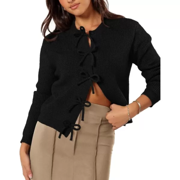 BTFBM Cardigan Sweaters for Women Trendy 2024 Fall Open Front Long Sleeve Button Down Bow Knot Cropped Lady JacketBlack