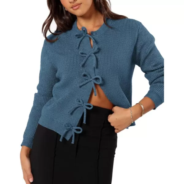 BTFBM Cardigan Sweaters for Women Trendy 2024 Fall Open Front Long Sleeve Button Down Bow Knot Cropped Lady JacketBlue