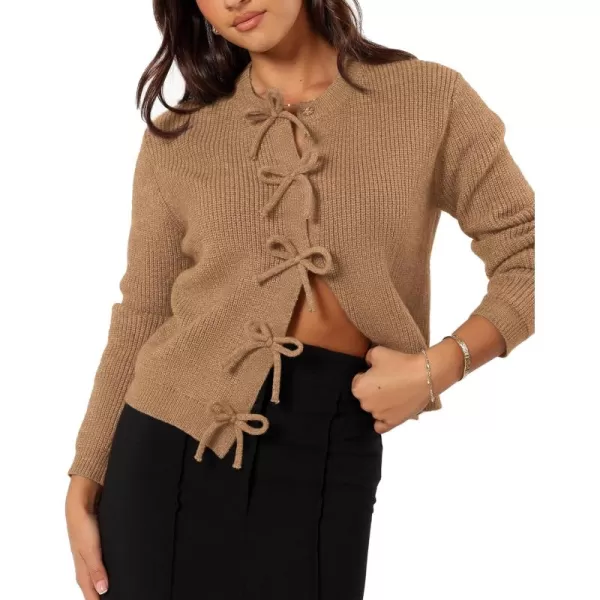 BTFBM Cardigan Sweaters for Women Trendy 2024 Fall Open Front Long Sleeve Button Down Bow Knot Cropped Lady JacketKhaki