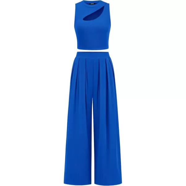 BTFBM Women 2 Piece Outfits 2024 Spring Summer Tracksuits Mock Neck Sleeveless Cutout Crop Top Wide Leg Pants SweatsuitsSolid Blue