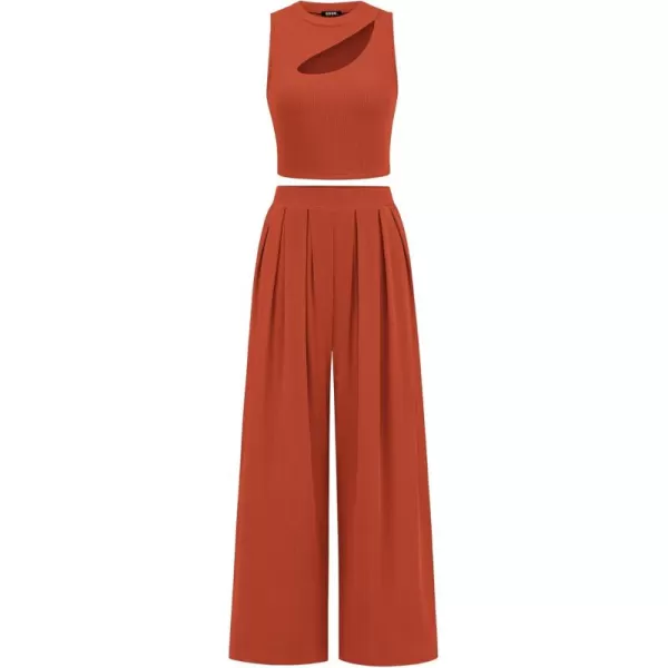 BTFBM Women 2 Piece Outfits 2024 Spring Summer Tracksuits Mock Neck Sleeveless Cutout Crop Top Wide Leg Pants SweatsuitsSolid Rust Red