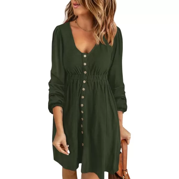 BTFBM Women 2024 Casual Button Down Summer Fall Dresses Long Sleeve Crew Neck Solid High Waist Short Tunic Mini DressLong Buttons Army Green