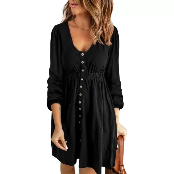 BTFBM Women 2024 Casual Button Down Summer Fall Dresses Long Sleeve Crew Neck Solid High Waist Short Tunic Mini DressLong Buttons Black