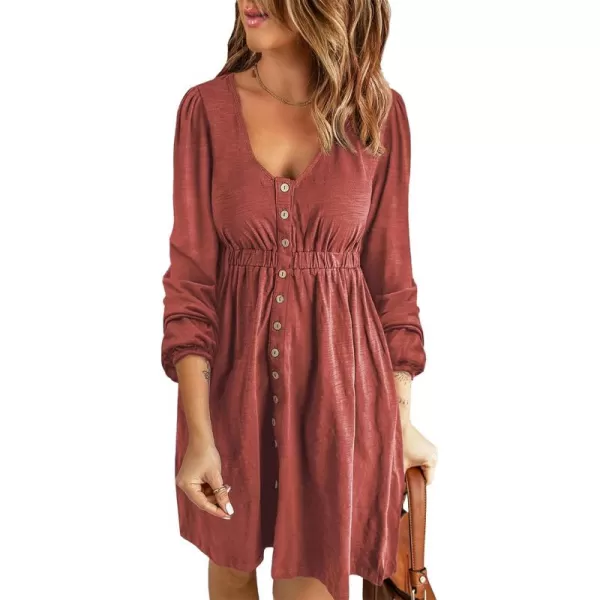 BTFBM Women 2024 Casual Button Down Summer Fall Dresses Long Sleeve Crew Neck Solid High Waist Short Tunic Mini DressLong Buttons Brick Red
