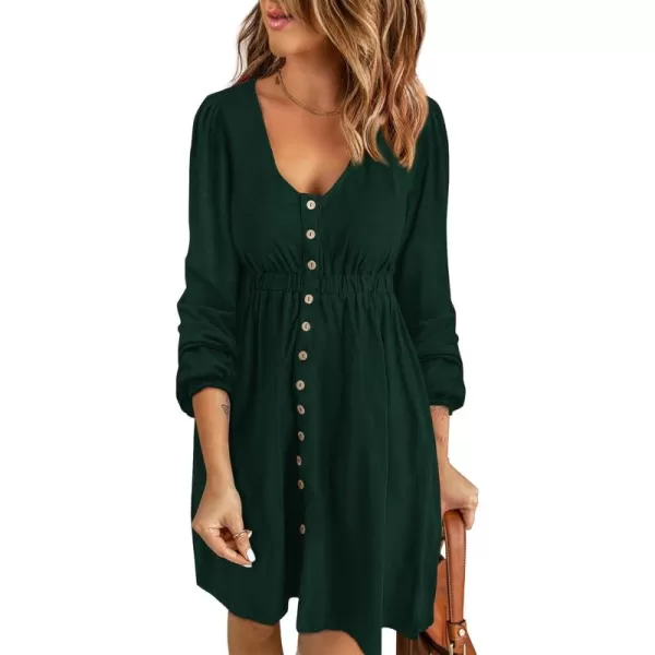 BTFBM Women 2024 Casual Button Down Summer Fall Dresses Long Sleeve Crew Neck Solid High Waist Short Tunic Mini DressLong Buttons Dark Green