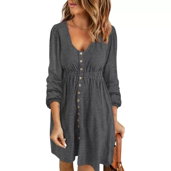 BTFBM Women 2024 Casual Button Down Summer Fall Dresses Long Sleeve Crew Neck Solid High Waist Short Tunic Mini DressLong Buttons Dark Grey