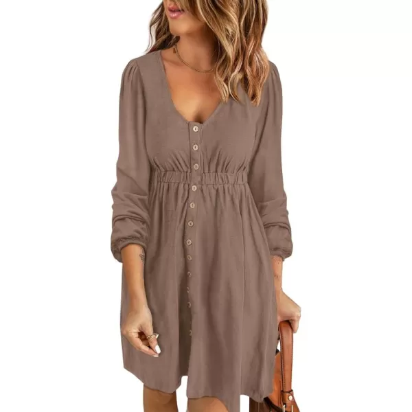 BTFBM Women 2024 Casual Button Down Summer Fall Dresses Long Sleeve Crew Neck Solid High Waist Short Tunic Mini DressLong Buttons Dark Khaki
