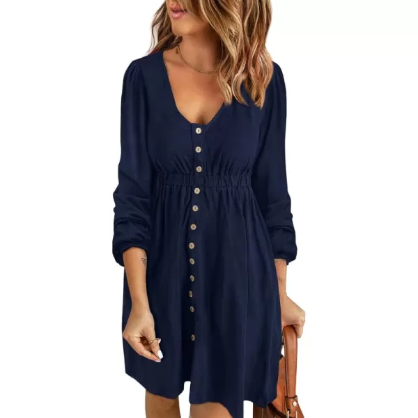 BTFBM Women 2024 Casual Button Down Summer Fall Dresses Long Sleeve Crew Neck Solid High Waist Short Tunic Mini DressLong Buttons Navy