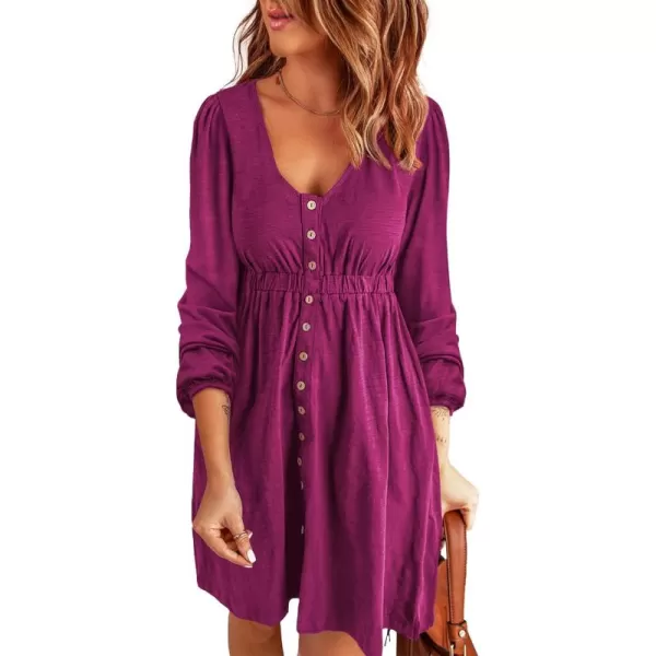 BTFBM Women 2024 Casual Button Down Summer Fall Dresses Long Sleeve Crew Neck Solid High Waist Short Tunic Mini DressLong Buttons Purple Red