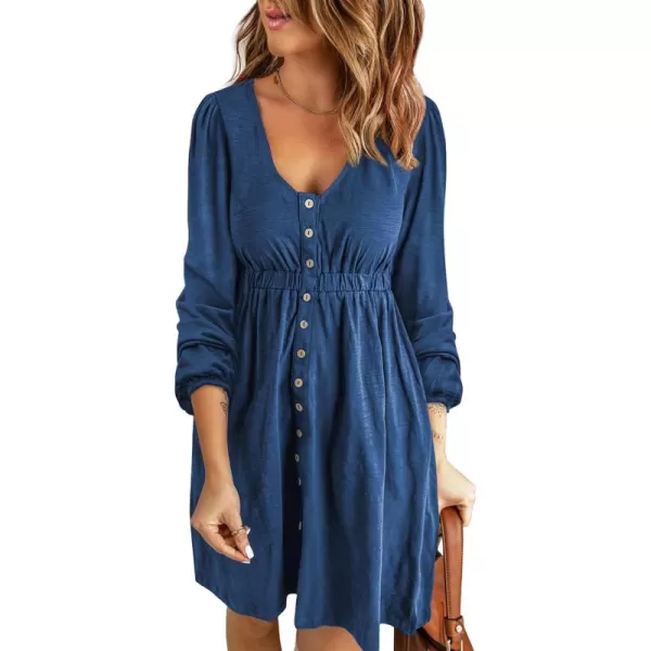 BTFBM Women 2024 Casual Button Down Summer Fall Dresses Long Sleeve Crew Neck Solid High Waist Short Tunic Mini DressLong Buttons Royal Blue