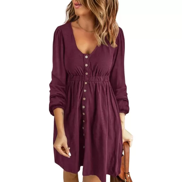 BTFBM Women 2024 Casual Button Down Summer Fall Dresses Long Sleeve Crew Neck Solid High Waist Short Tunic Mini DressLong Buttons Wine Red