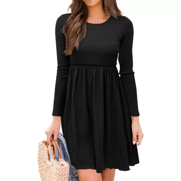 BTFBM Women 2024 Casual Button Down Summer Fall Dresses Long Sleeve Crew Neck Solid High Waist Short Tunic Mini DressLong Sleeve Black