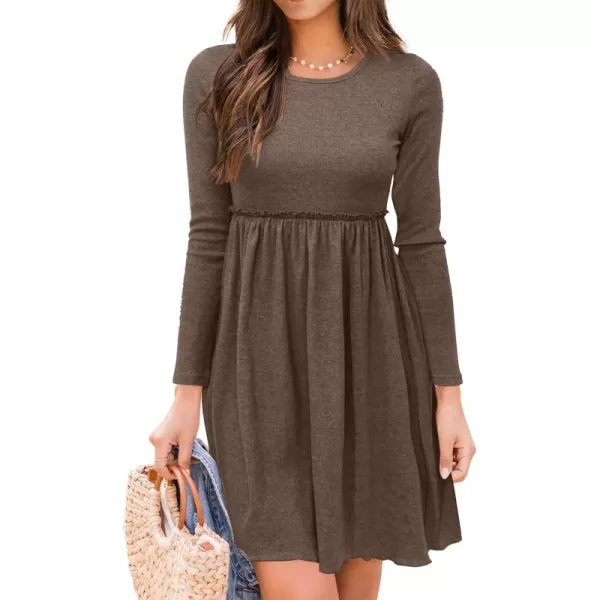 BTFBM Women 2024 Casual Button Down Summer Fall Dresses Long Sleeve Crew Neck Solid High Waist Short Tunic Mini DressLong Sleeve Coffee