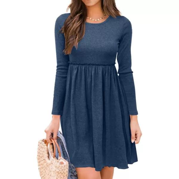 BTFBM Women 2024 Casual Button Down Summer Fall Dresses Long Sleeve Crew Neck Solid High Waist Short Tunic Mini DressLong Sleeve Dark Blue