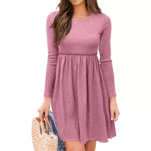 BTFBM Women 2024 Casual Button Down Summer Fall Dresses Long Sleeve Crew Neck Solid High Waist Short Tunic Mini DressLong Sleeve Pink
