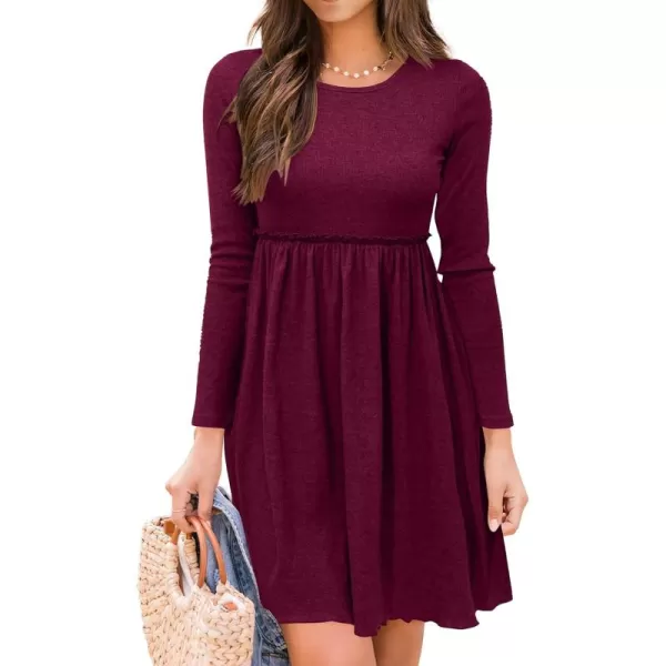 BTFBM Women 2024 Casual Button Down Summer Fall Dresses Long Sleeve Crew Neck Solid High Waist Short Tunic Mini DressLong Sleeve Purple Red