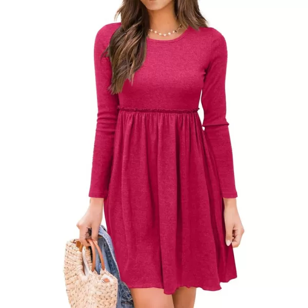 BTFBM Women 2024 Casual Button Down Summer Fall Dresses Long Sleeve Crew Neck Solid High Waist Short Tunic Mini DressLong Sleeve Rose Red