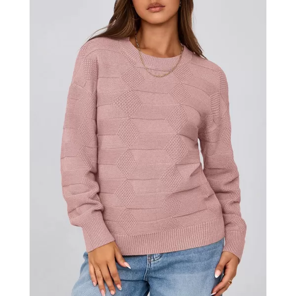 BTFBM Casual Women 2024 Fall Sweater Long Sleeve Ribbed Knit Pullover Loose Solid Crewneck Jumper TopsSolid Dusty Pink
